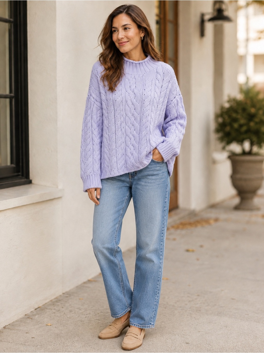 J. Crew Lilac Cable-Knit Mock Neck Sweater SZ S